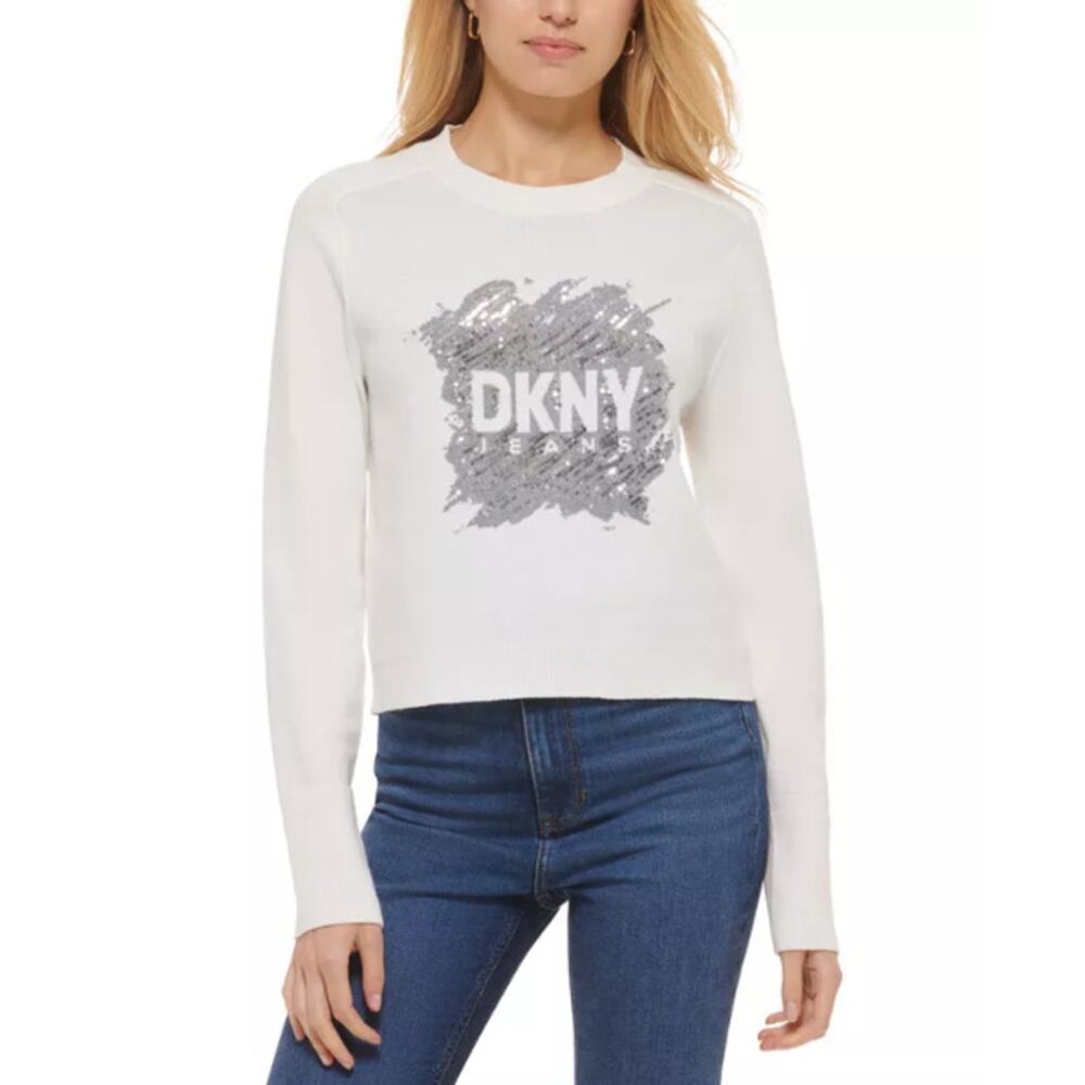 DKNY JEANS Women's Crewneck Sweater XXS Ivory White Sequin Logo Cotton Blend NWT